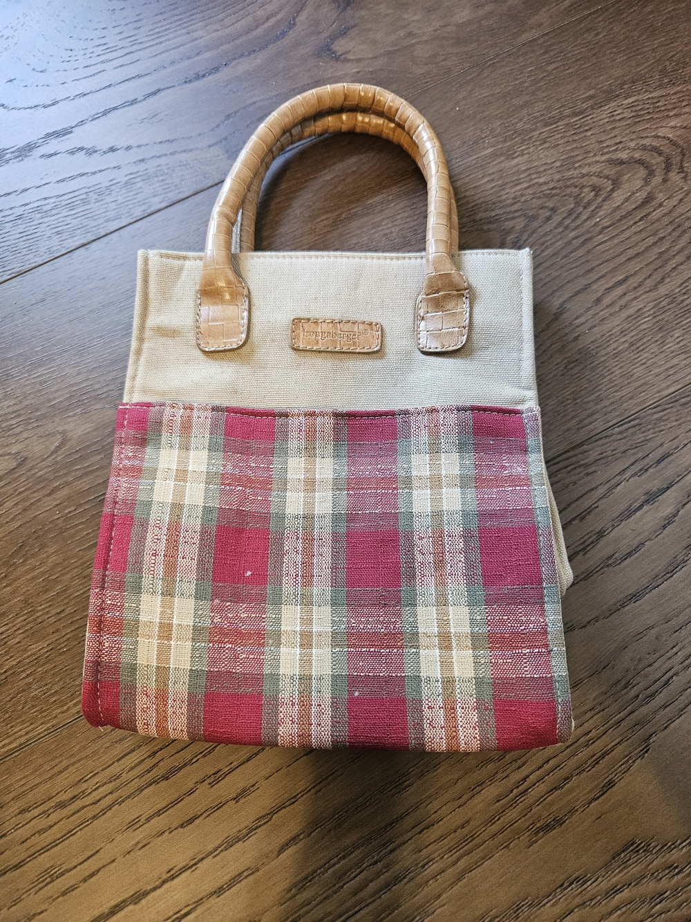 Longaberger Canvas Mini Tote Bag with Pink Plaid Front